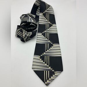 Fratello Hand Made Geometric Print Tie Black Grey Color